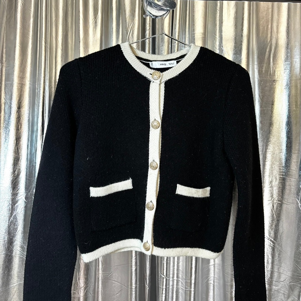 Mango Black Cream Trim Cropped Cardigan Sweater